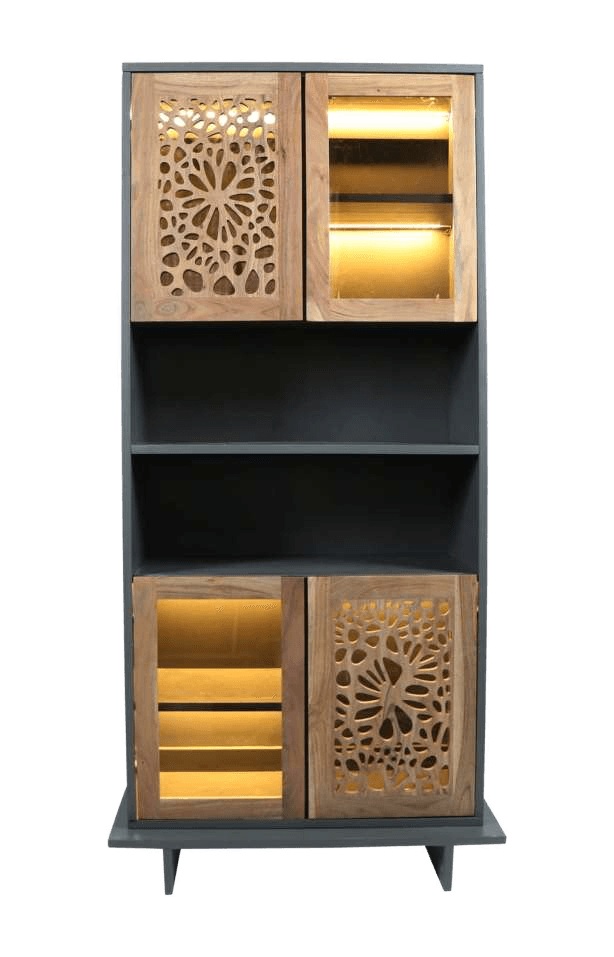 Wooden display cabinet with carved doors and internal lighting