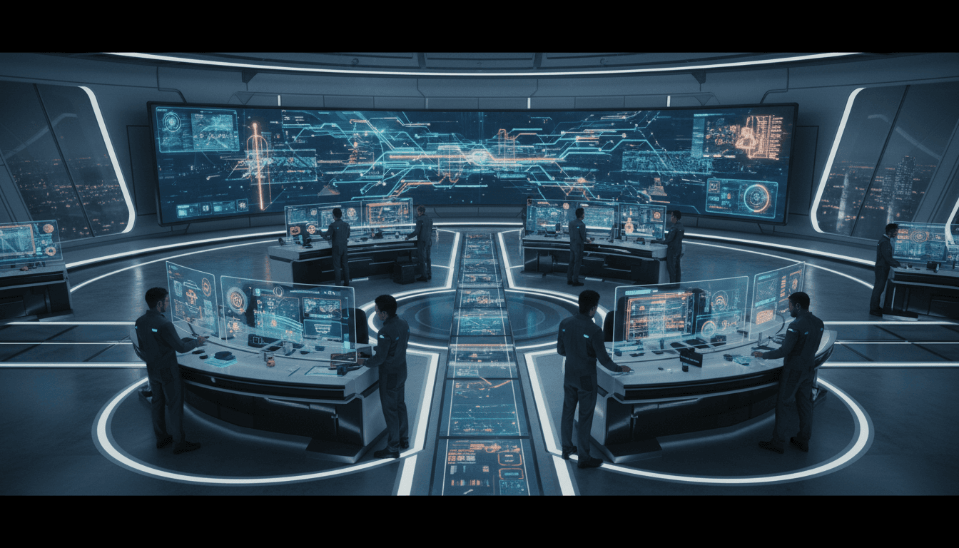 Futuristic AI research command center with holographic dashboards