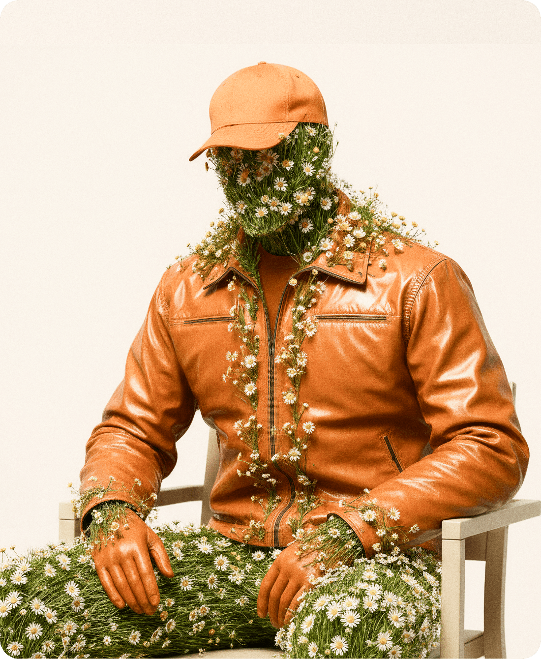 A surrealist digital portrait of a seated figure wearing an orange baseball cap, an orange leather jacket, and orange gloves. The person's face, neck, and legs are entirely made of lush green grass densely covered with small white and yellow daisies. The figure sits in a neutral-toned chair against a plain cream background, with vines of daisies draped over the jacket's collar and sleeves.