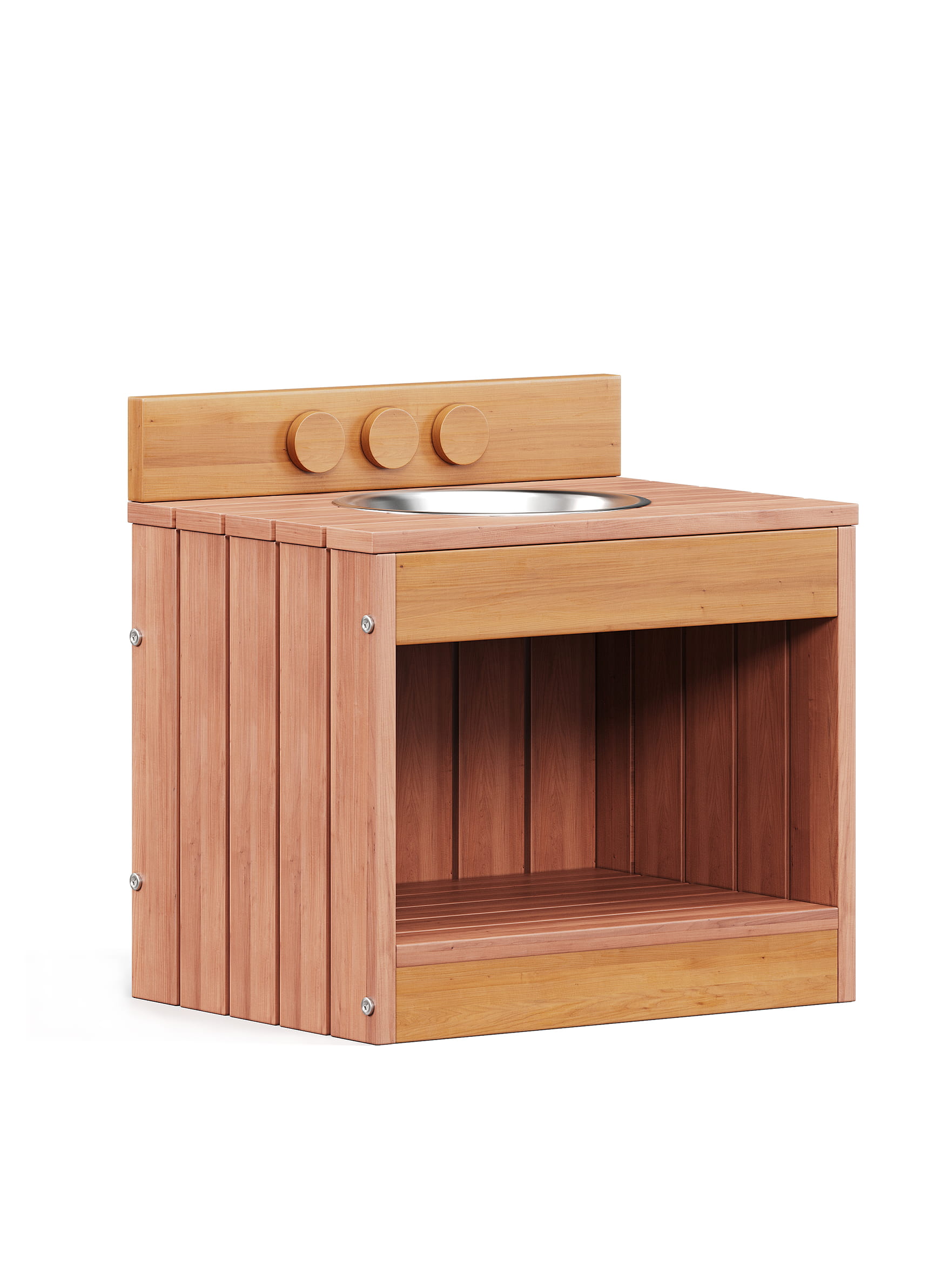 Compact wooden kitchen unit 3D render with sink and open storage