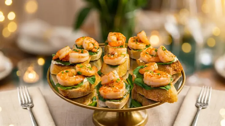 Bruschettas de camarón gourmet sobre base dorada para banquetería y catering de matrimonios en Santiago.