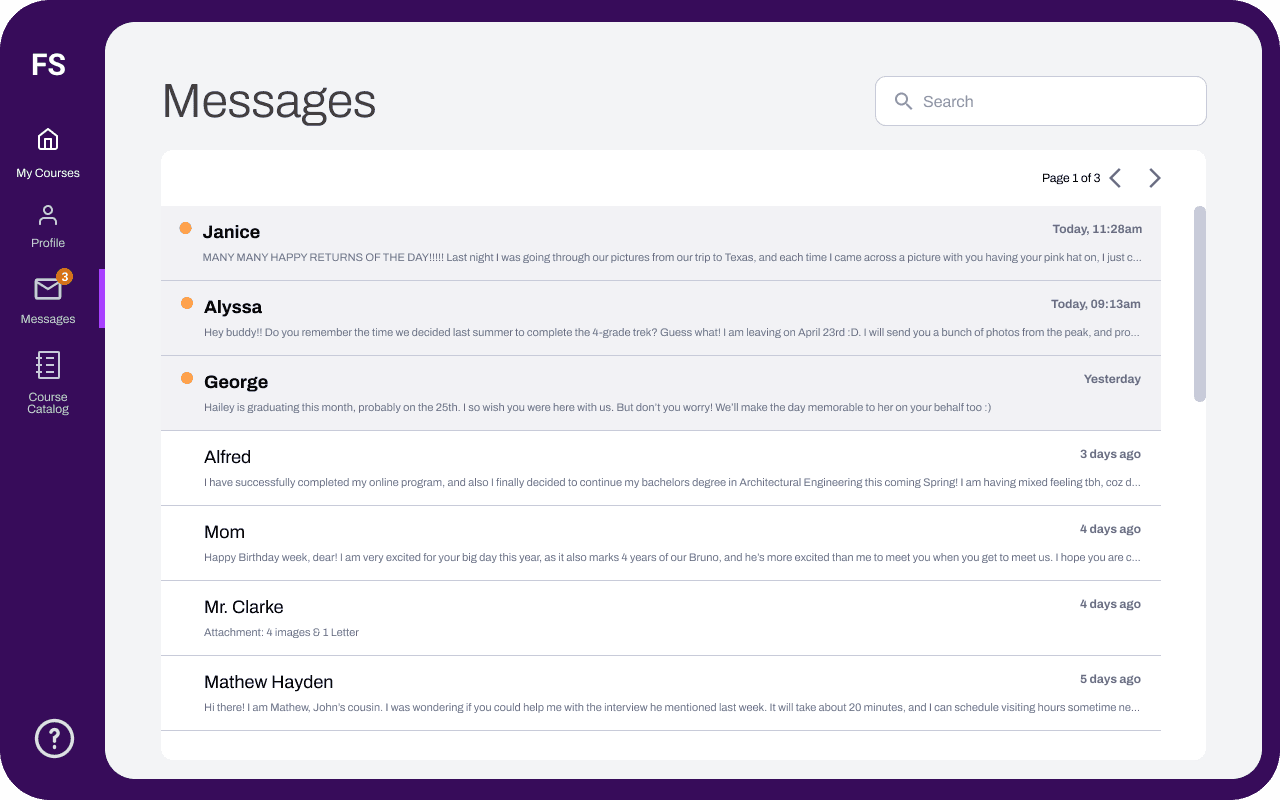 FlikshopMe messages list on the tablet