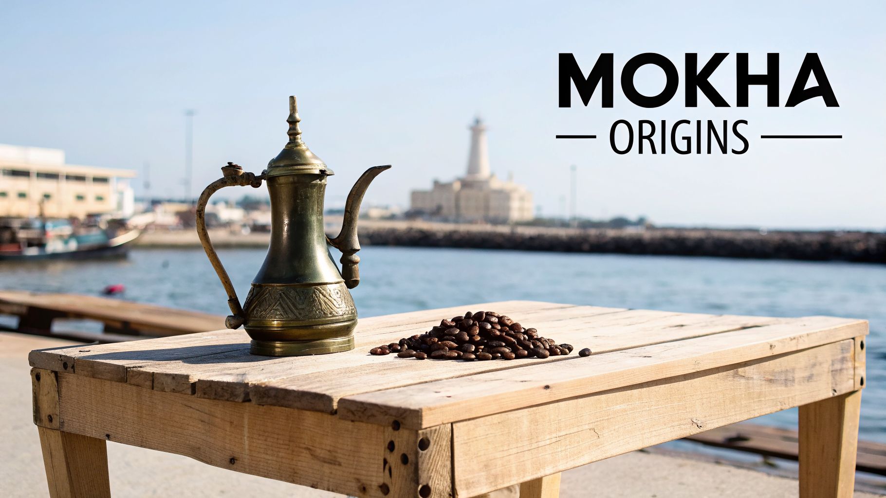 An antique brass dallah and coffee beans on a rustic wooden table by the ocean with a distant lighthouse.