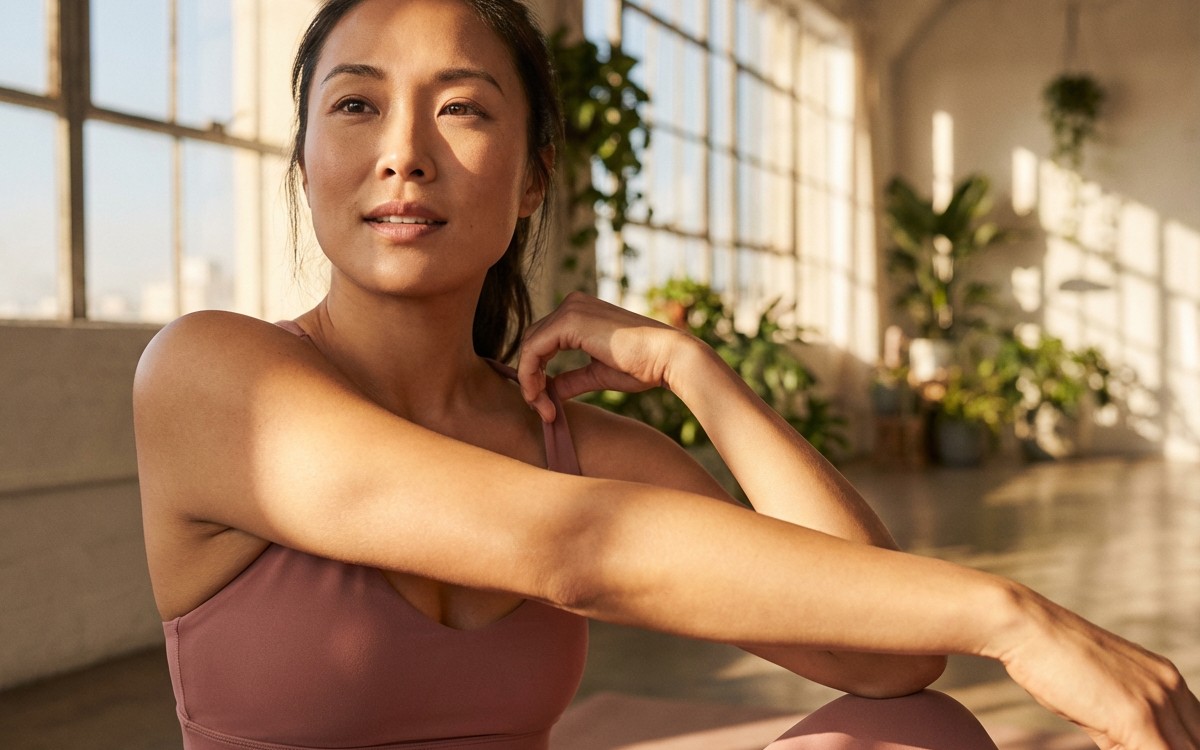 A woman in a pink sports bra sits in a sunlit room with large windows and lush plants. She appears relaxed and content, bathed in warm, natural light.