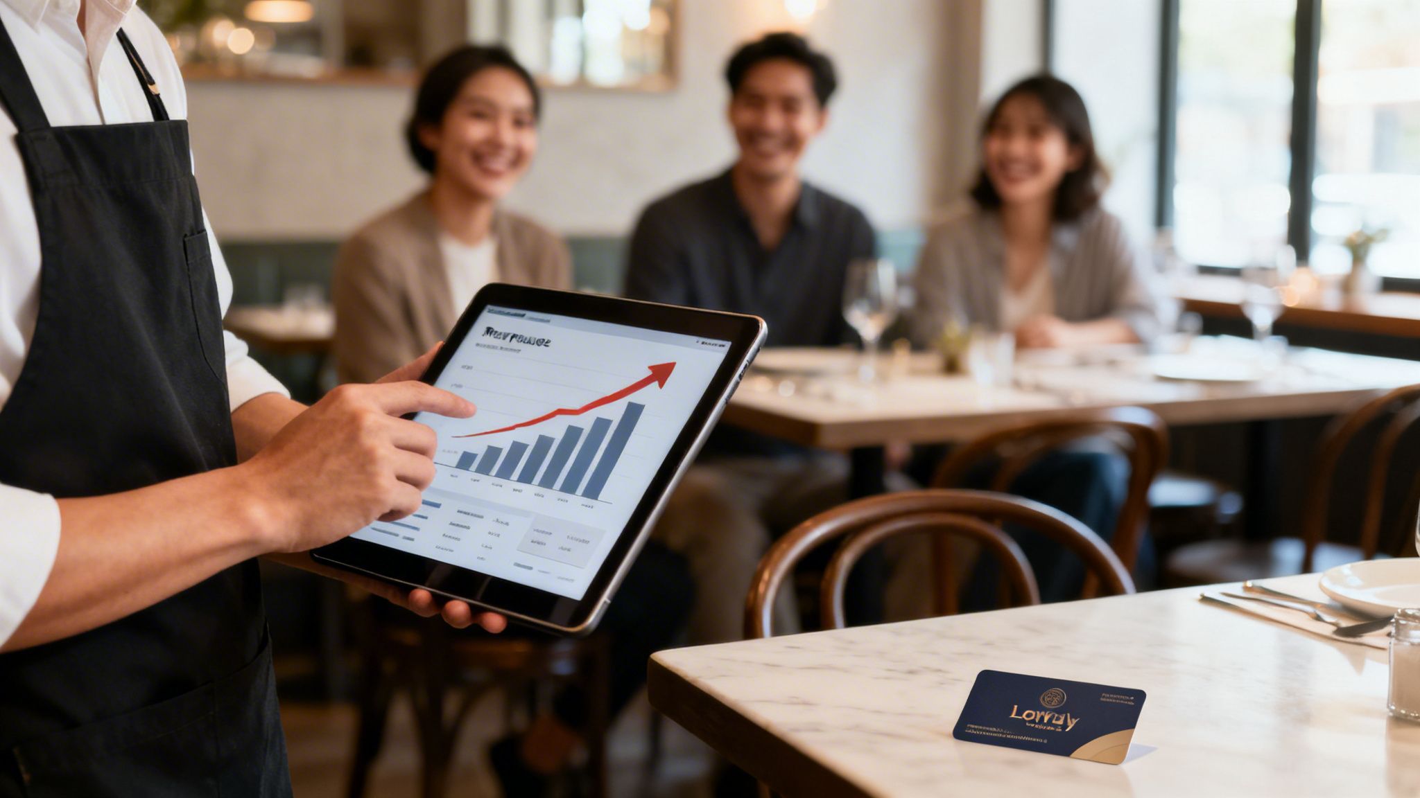 A waiter shows a tablet displaying a business growth chart to smiling customers in a restaurant.