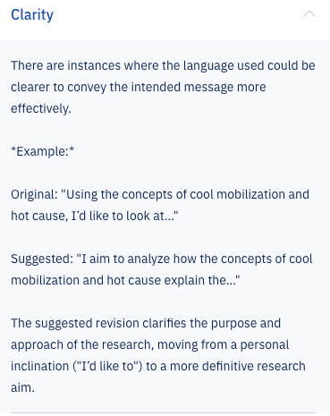 Paperpal clarity panel showing Original and Suggested sentences that shift from “I’d like to” to a more definite research aim