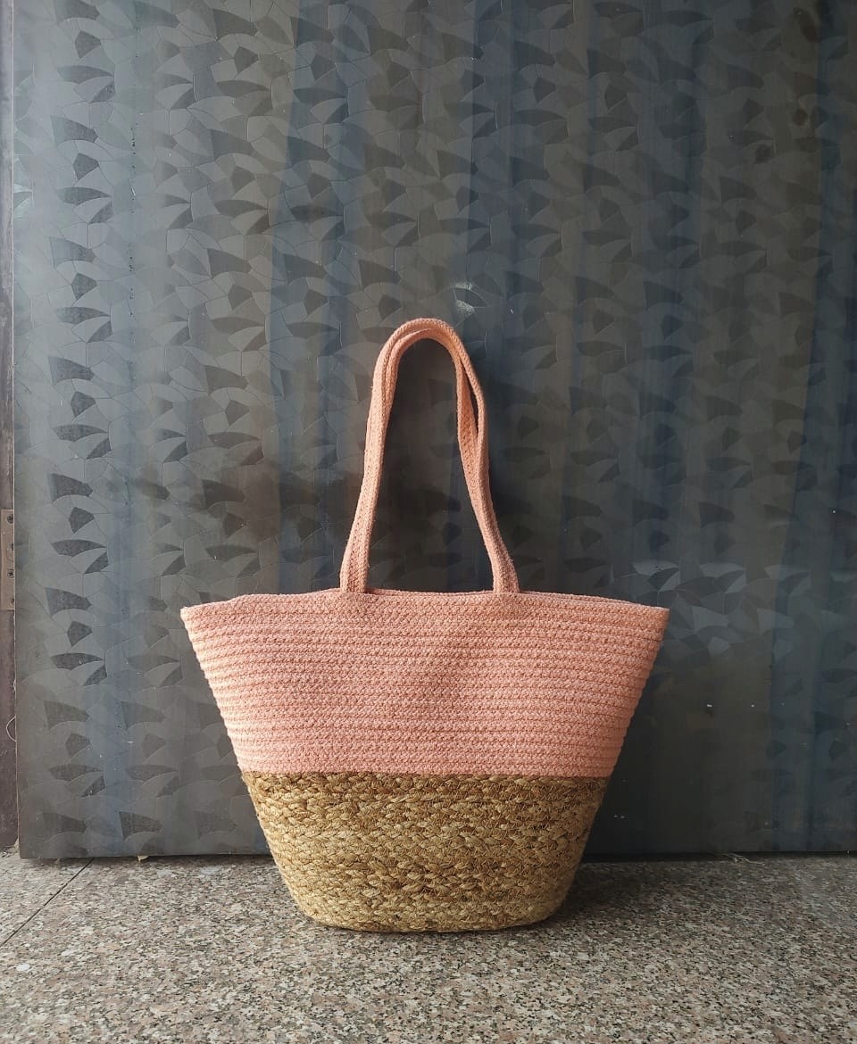 Handwoven two-tone jute tote bag with shoulder handles