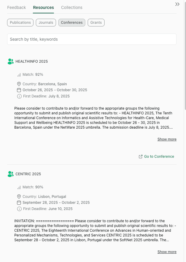 thesify Resources tab showing AI-suggested academic conferences HEALTHINFO 2025 and CENTRIC 2025 with match score, location, dates, and deadlines.
