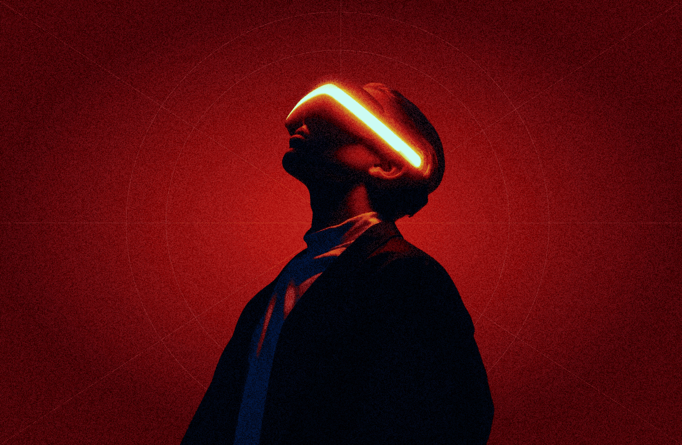  A man dressed in a striking red and black suit, featuring glowing eyes that add an eerie effect to his appearance.