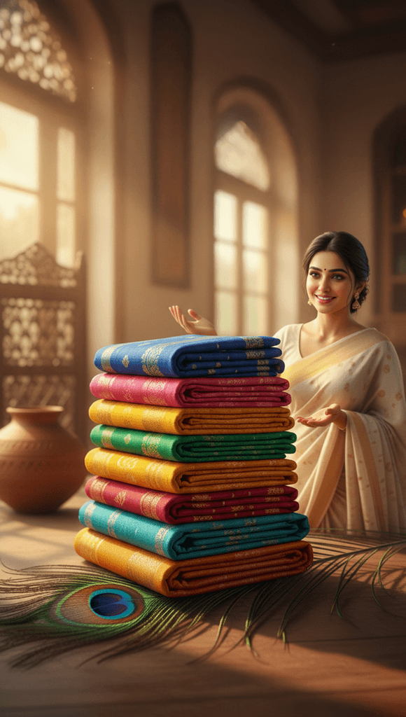 A curated display of lightweight sarees in pastel colors and airy fabrics, highlighting trending styles for effortless everyday elegance in 2025.
