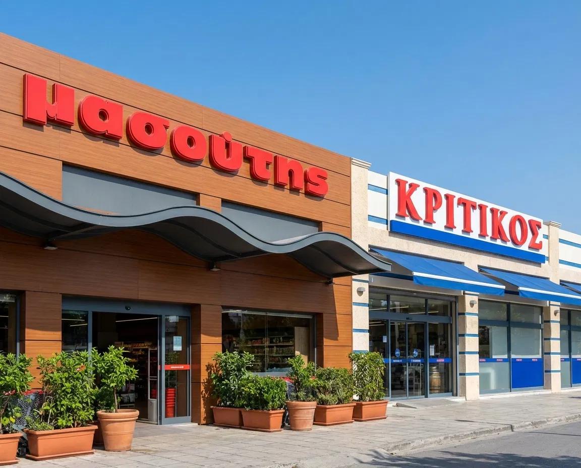 Masoutis and Kritikos supermarkets pictured together.