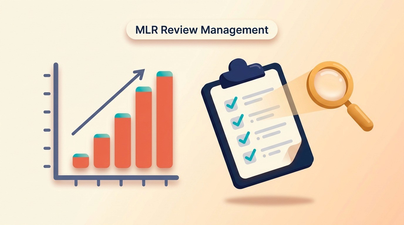 Flat illustration of a bar graph, KPI checklist, and magnifying glass representing MLR review management performance tracking