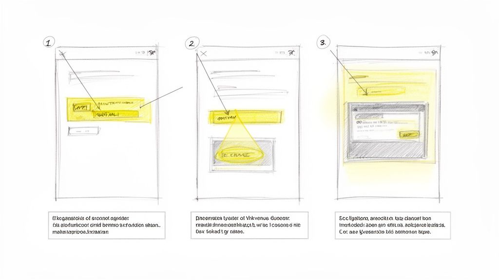 Three hand-drawn wireframe sketches illustrating user interface design with highlighted elements and text.