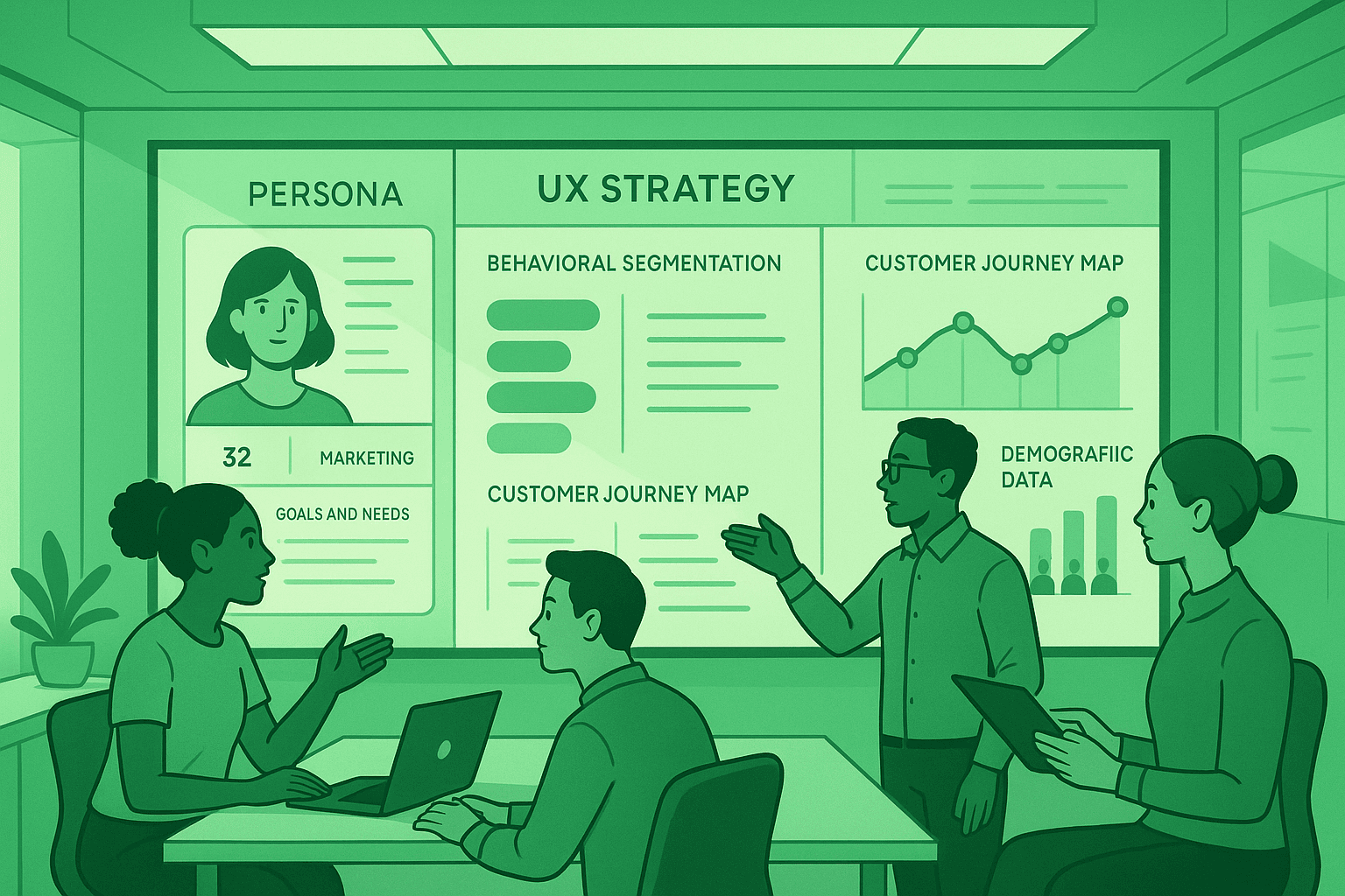 UX strategists reviewing updated persona templates after a product pivot, surrounded by journey maps and demographic data charts.