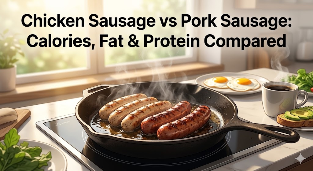 A cast iron skillet on a kitchen stovetop cooking chicken and pork sausages, alongside eggs, avocado toast, and coffee. Bold overlay text says 'Chicken Sausage vs Pork Sausage: Calories, Fat & Protein Compared'.