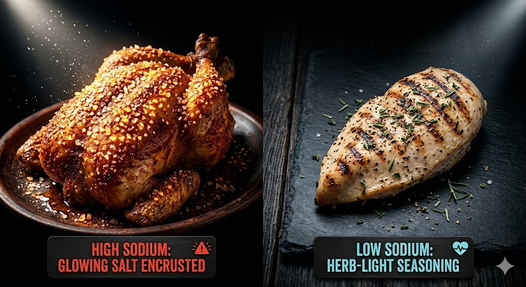 A side-by-side comparison illustrating sodium content in chicken. The left side features a rotisserie chicken labeled 'High Sodium' with an intense, exaggerated dusting of glowing salt crystals. The right side shows a healthy, grilled chicken breast labeled 'Low Sodium' with only light herb seasoning against a dark background.