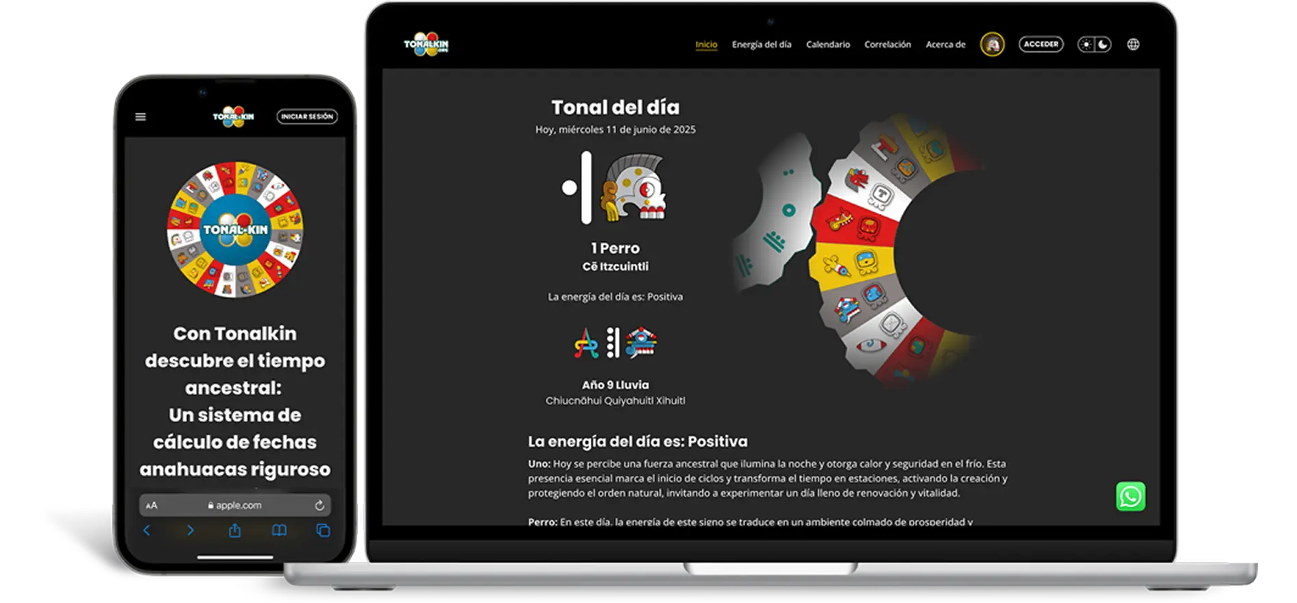 Maqueta de alta fidelidad (mockup) que muestra el diseño responsivo de la landing page de Tonalkin.org; se observa la adaptación de la interfaz del calendario mesoamericano desde una versión de escritorio hasta una versión móvil, manteniendo una estética moderna con iconografía Nahua.