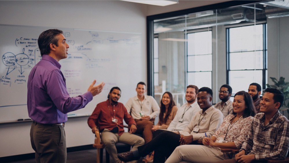 OneSpring team member talking to a user research group.