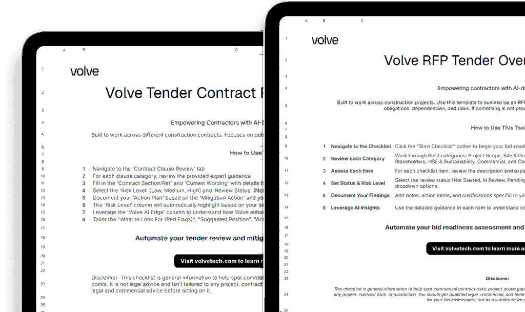 Volve tender contract review and RFP checklist templates shown on tablets