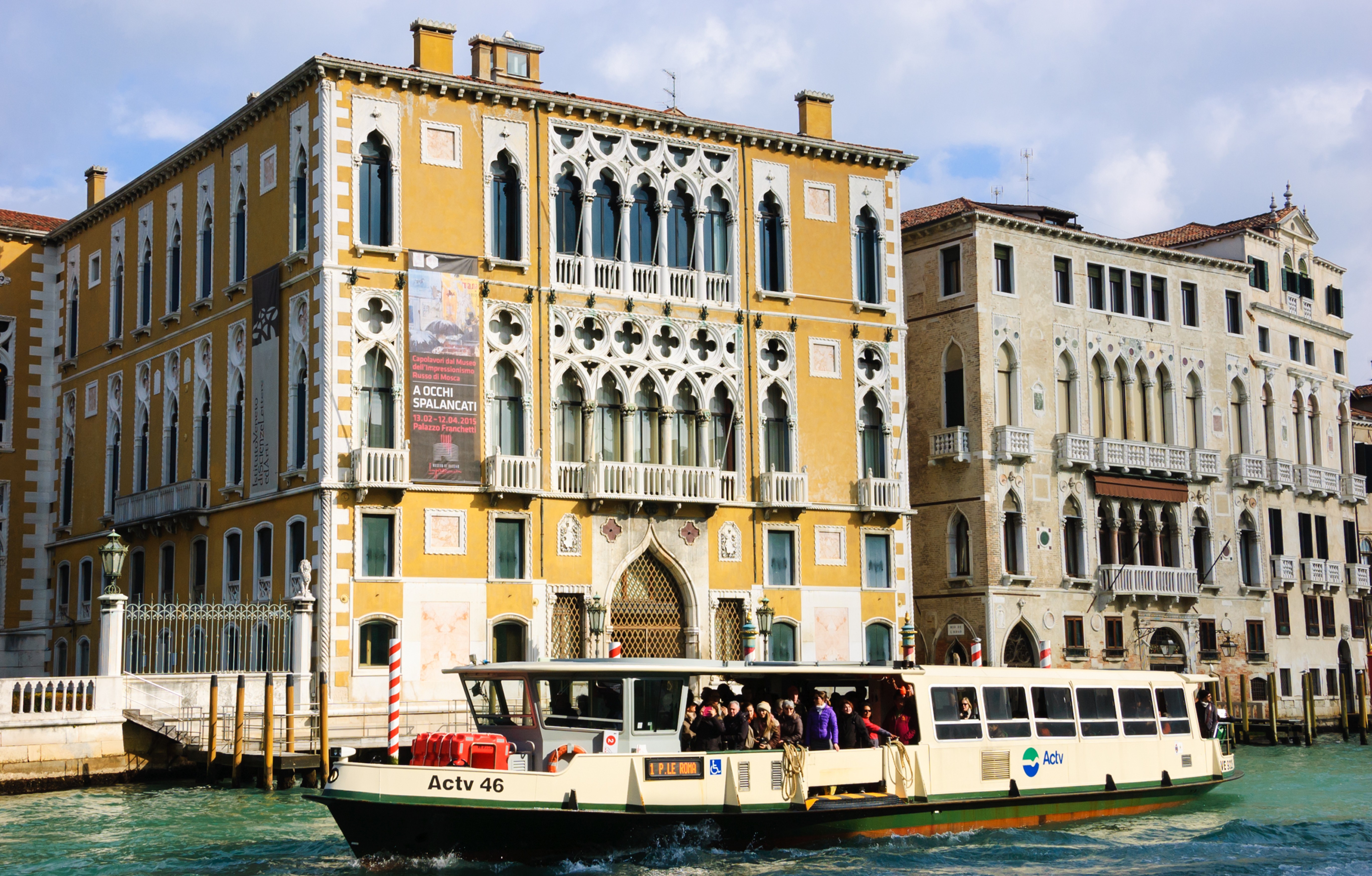 A vaporetto public water bus in Venice, Italy.
