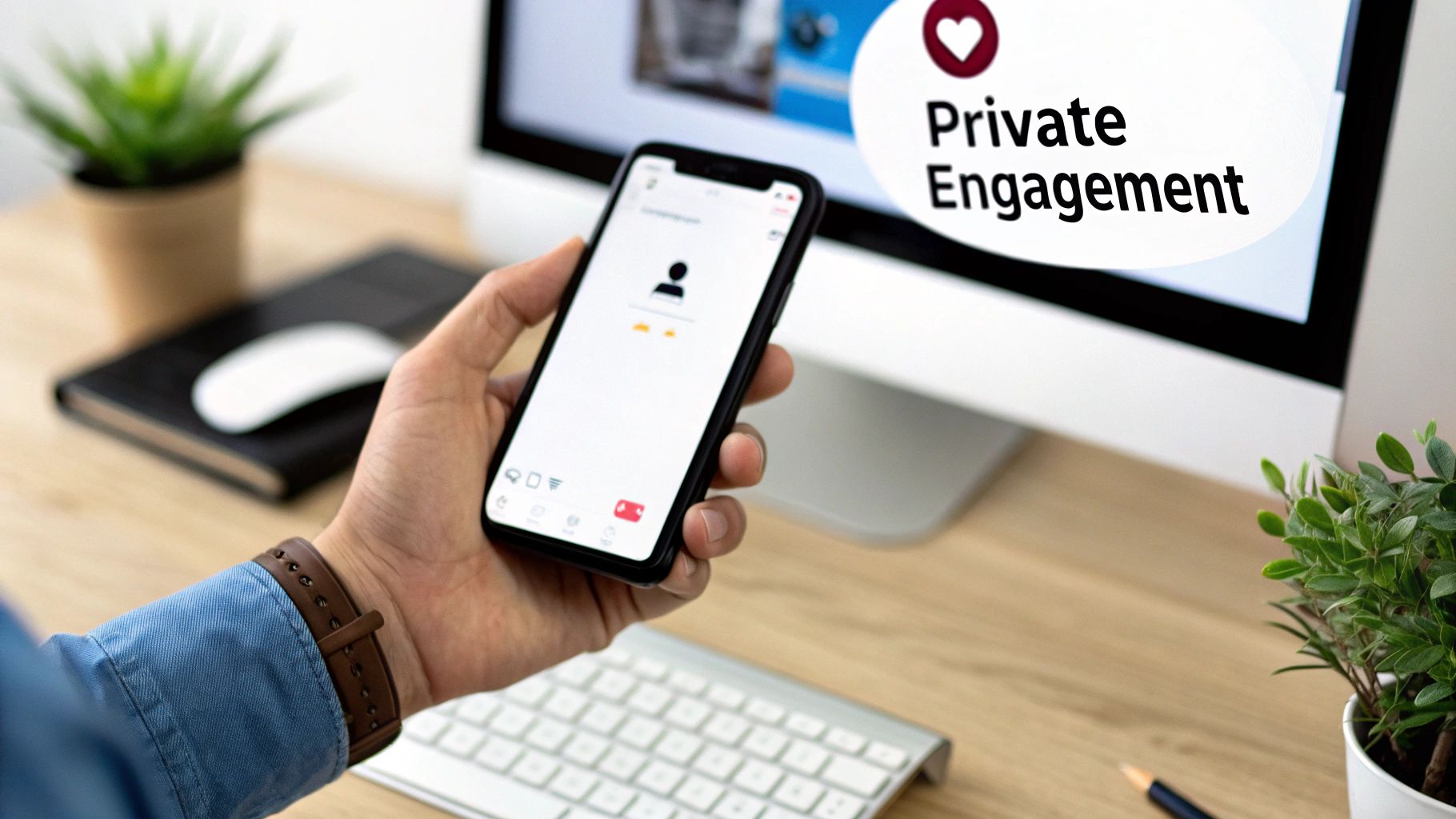 A person holds a smartphone displaying a profile, with a computer screen in the background showing 'Private Engagement'.