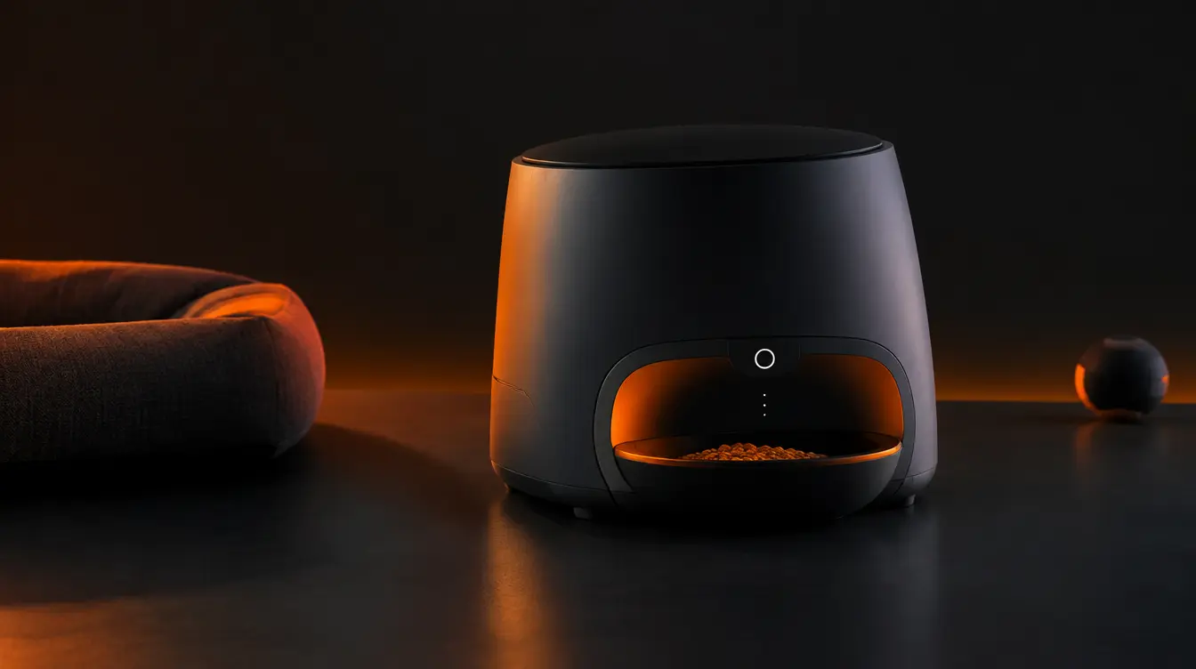 Sleek minimalist smart pet-tech device on a dark charcoal surface with warm orange accent lighting