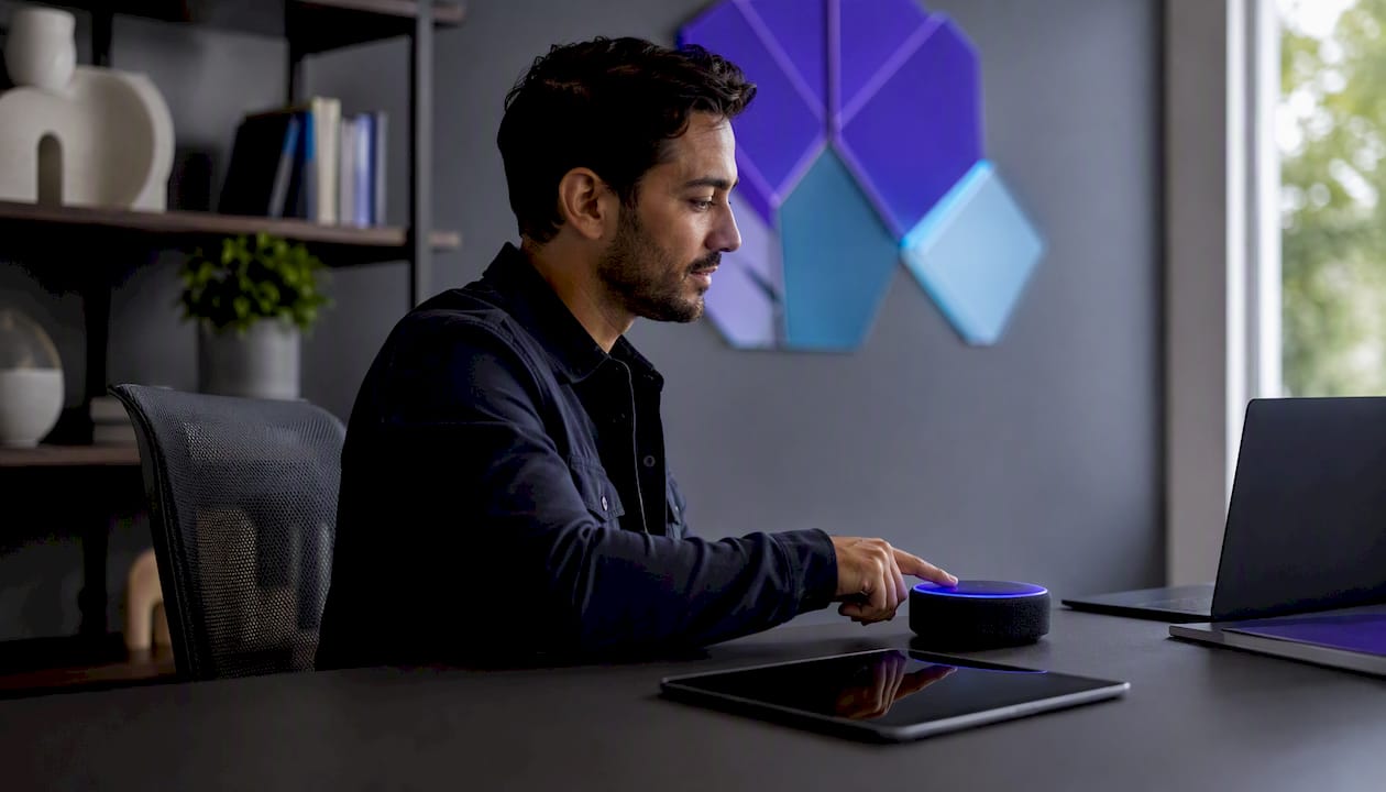 Hand pressing button on AI assistant device