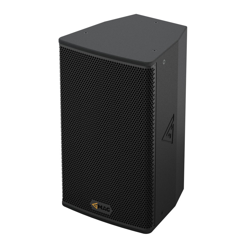 Black speaker with a mesh grille and Mag logo