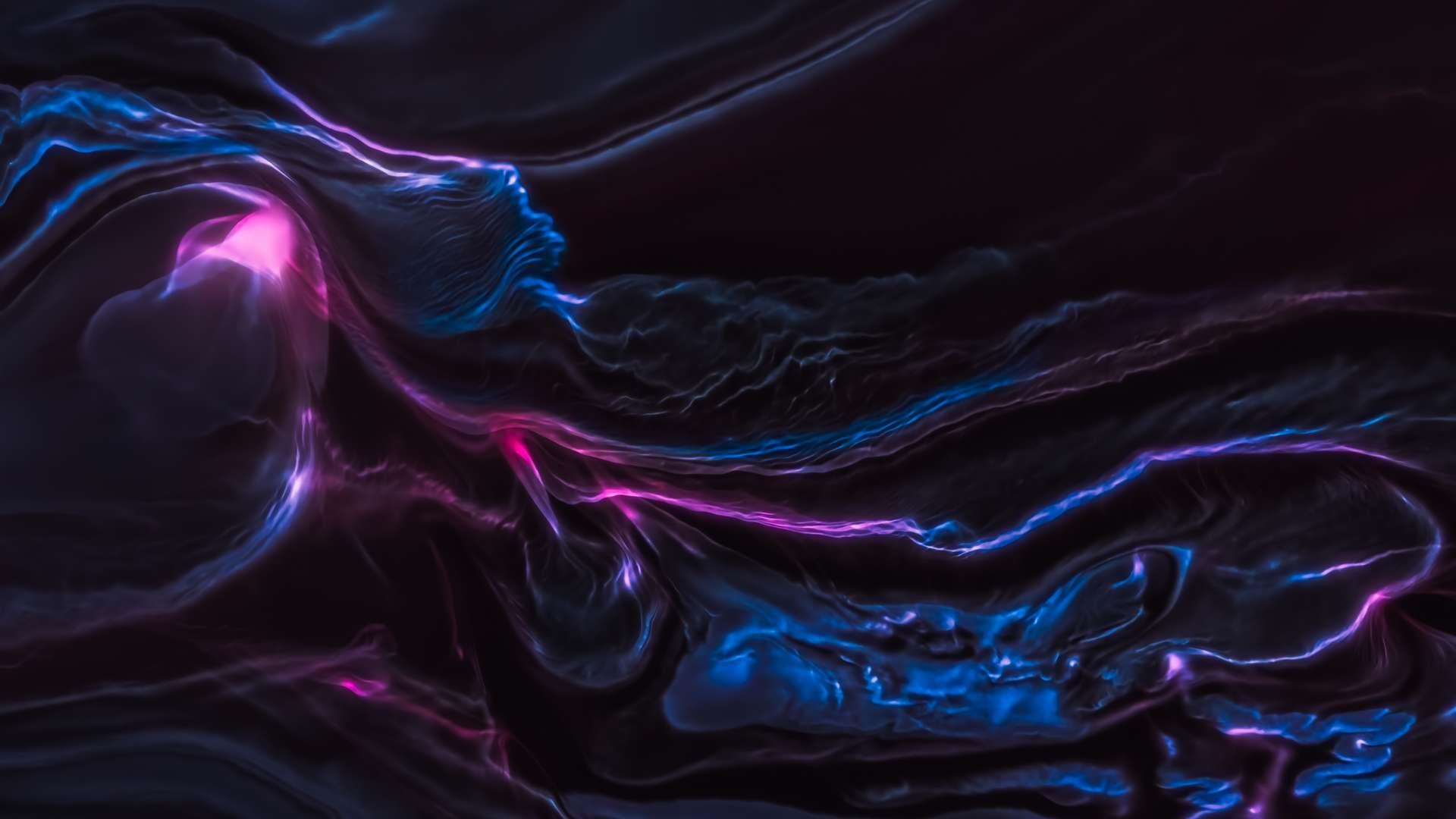 Abstract dark image with flowing blue and pink glowing light streaks