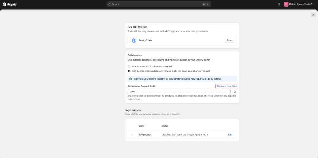 Collaborator-Einstellungen in Shopify mit dem Button Generate new code und einem Collaborator-Code