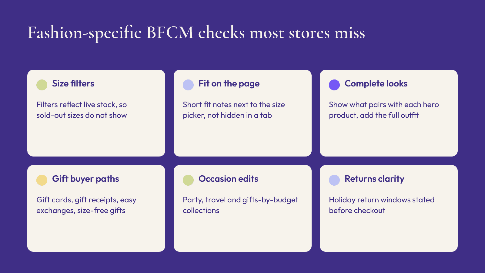 Six fashion-specific BFCM checks: size filters, fit notes, complete looks, gift buyer paths, occasion edits and returns clarity