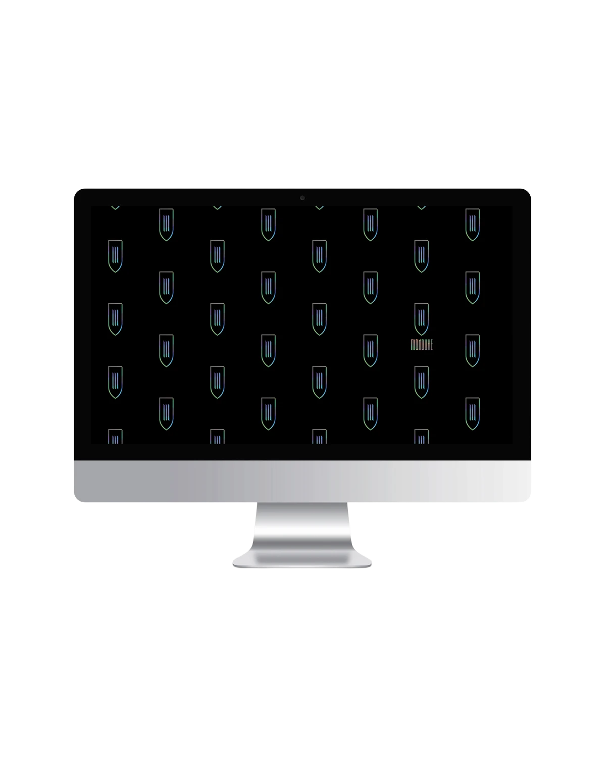 Desktop monitor displaying a repeating pattern of Monduke's shield logo as wallpaper, brand identity design by Sebastian Saavedra