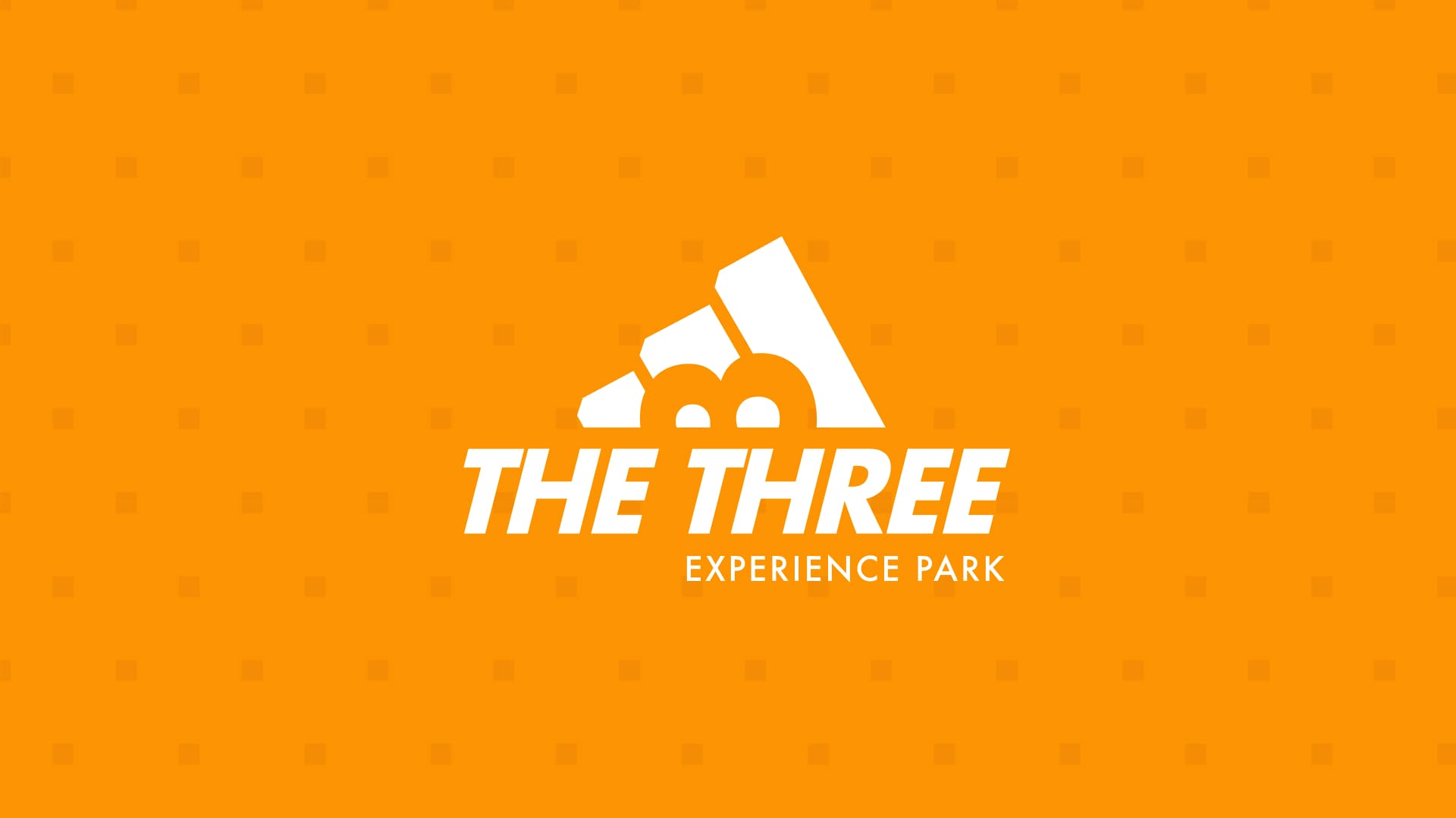 Concept de rebranding pour 'The Three Experience Park', une proposition de parc d'attraction dérivée de la marque Adidas. Le logo, affiché en blanc sur un fond orange vif et texturé de carrés, reprend la forme emblématique des trois bandes Adidas transformée en pic de montagne ou structure d'attraction, avec la mention 'THE THREE' et le slogan 'EXPERIENCE PARK'. Ce visuel met en lumière l'expertise de Nux-Studio en direction artistique, branding et conception d'identité visuelle audacieuse pour des projets d'envergure, y compris le rebranding de grandes marques internationales pour de nouvelles expériences de marque (park, entertainment, retail).