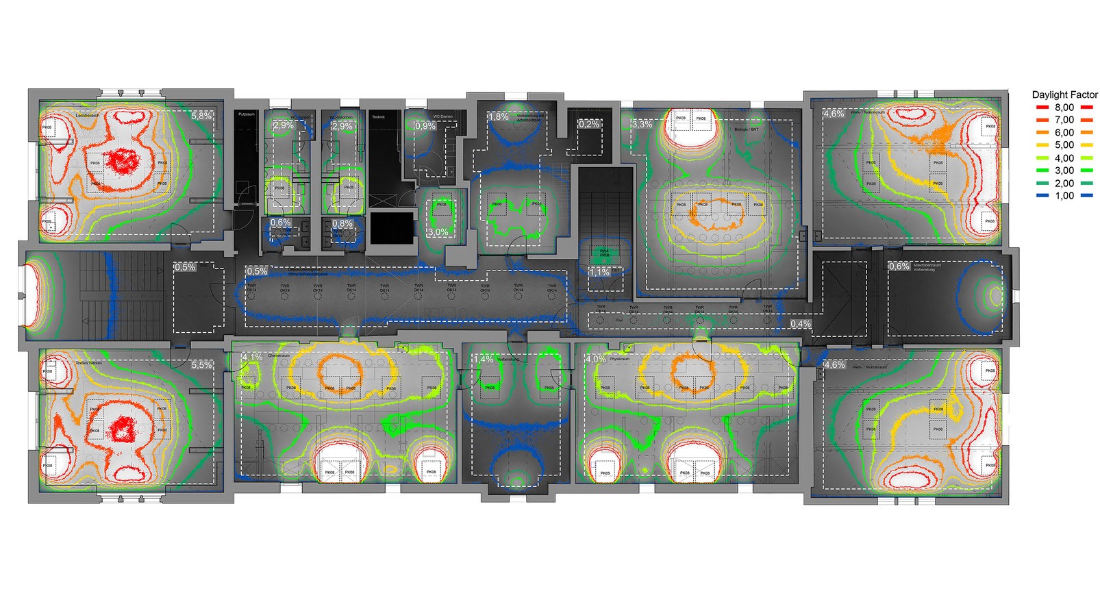 School floor plan, daylight factor analysis.