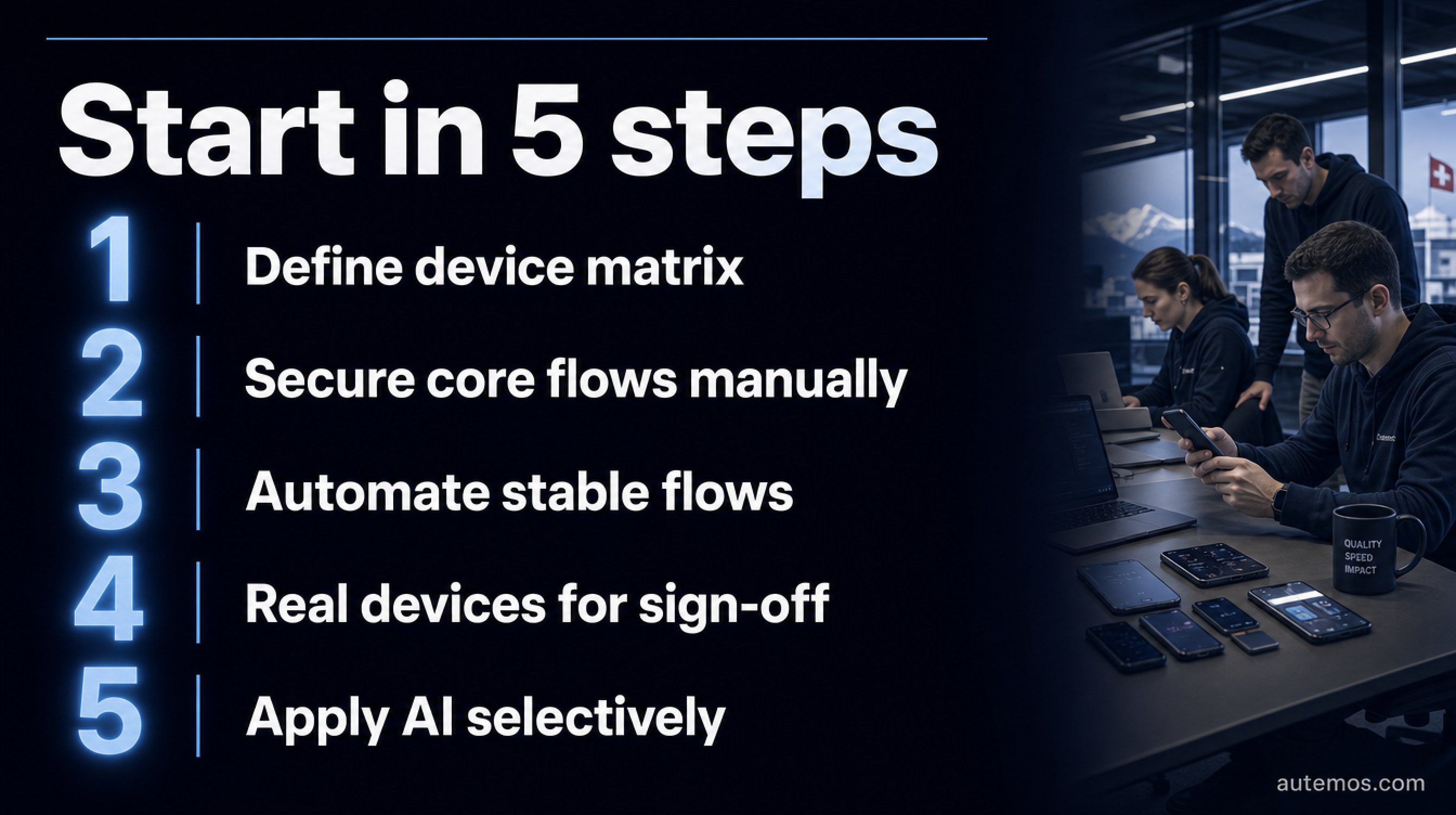 Five-step process for a structured entry into mobile testing: define device matrix, secure core flows manually, automate stable flows, real devices for sign-off, apply AI selectively