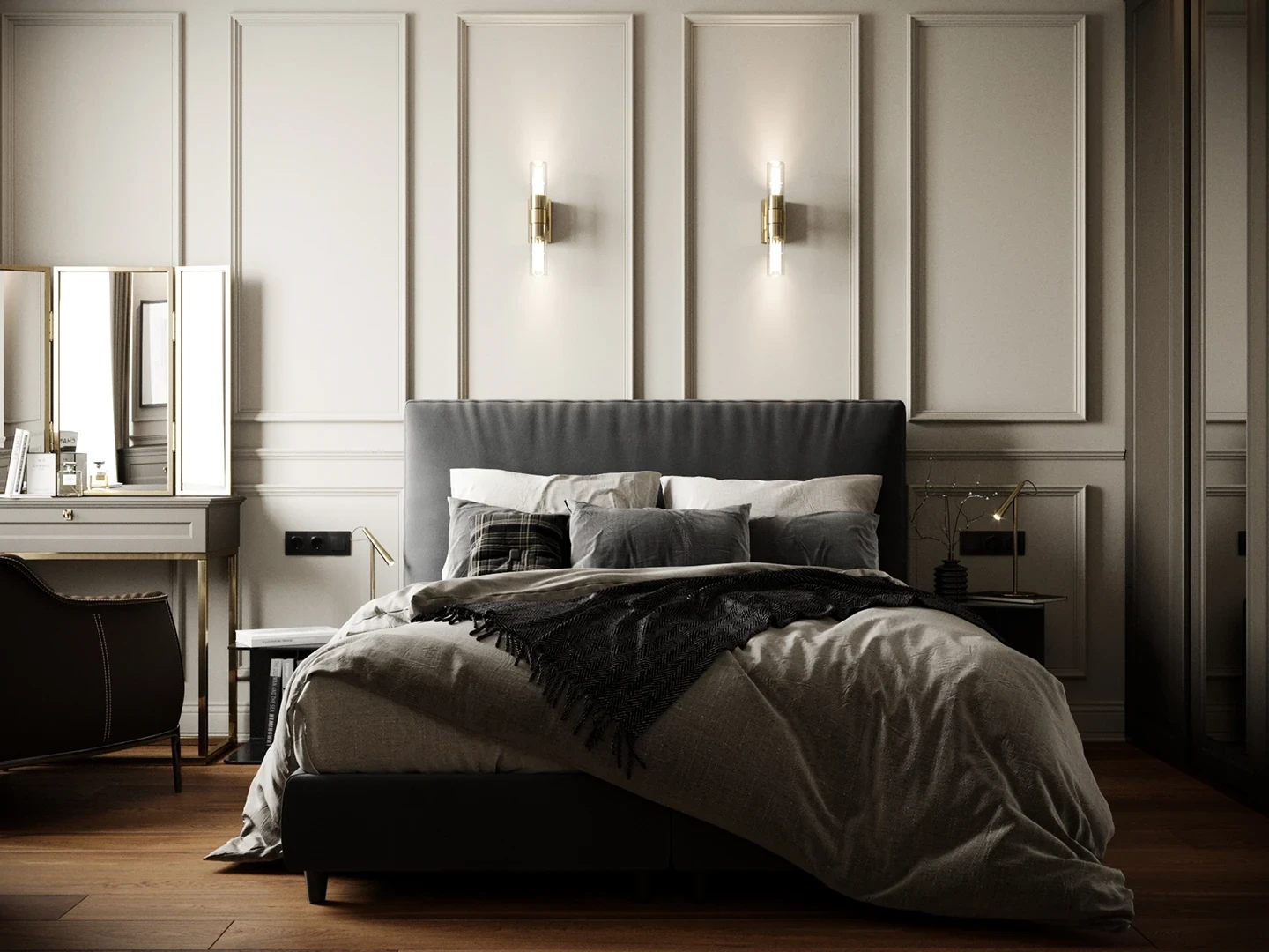 Salon — mur en pierre avec éclairage rasant chaud.