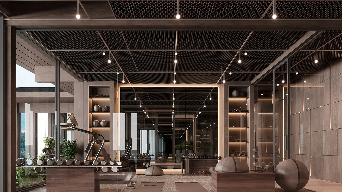 Peakside Chalets Cyprus modern kitchen with open shelving, grid ceiling lighting, and glass-front cabinetry