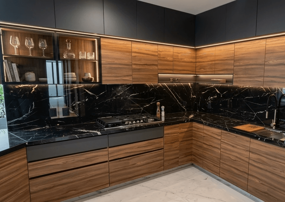 Modern bathroom featuring wooden cabinetry, a bathtub, a sleek sink, and natural light from a window.
