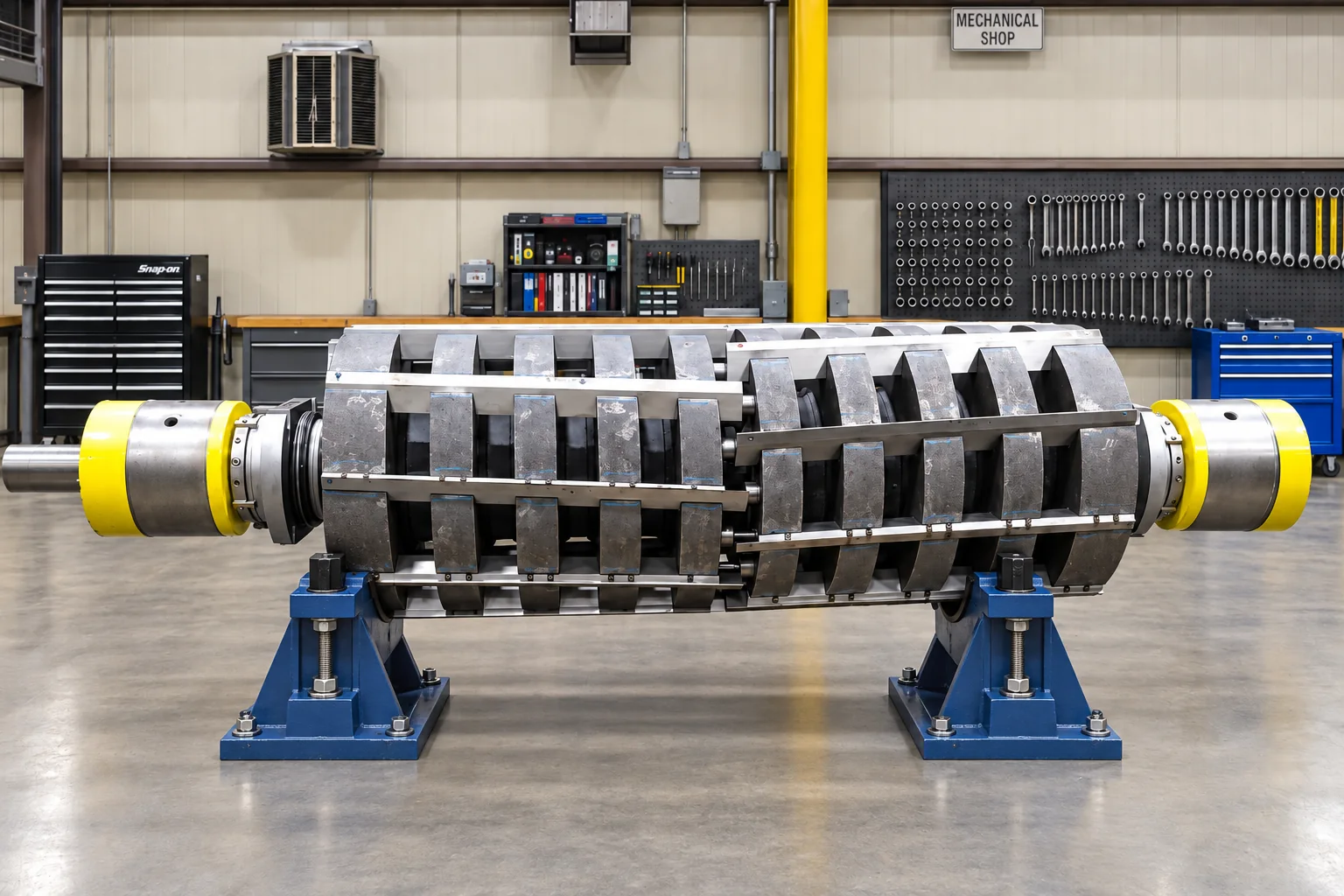 PCM rotor supported on stands in the mechanical shop