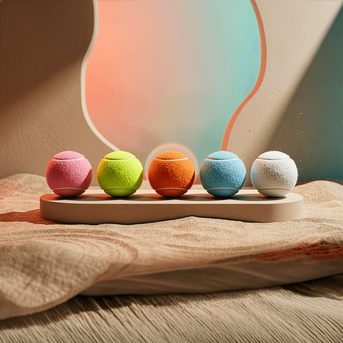 pink, neon yellow, neon orange, neon blue and white premium felt tennis balls. 