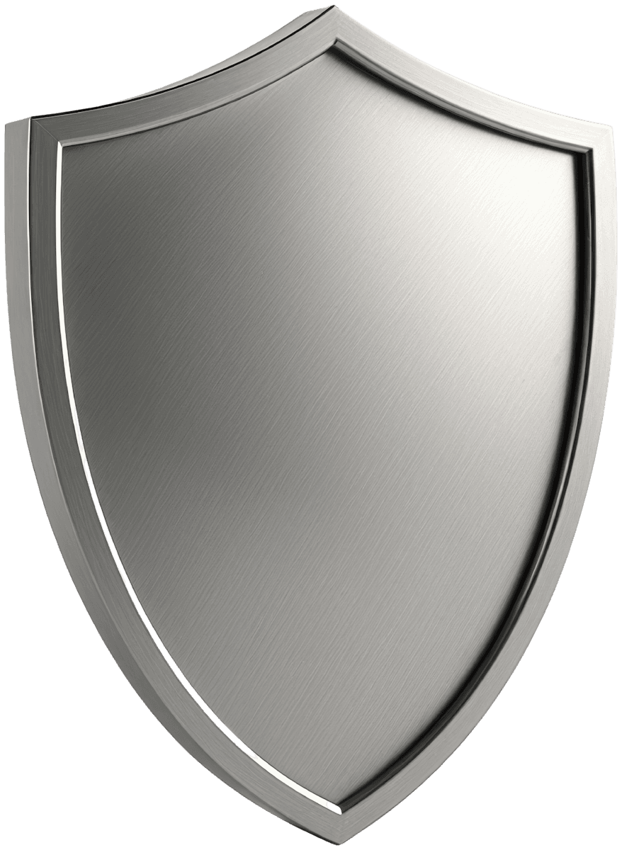 Minimal metallic shield with a brushed steel surface and smooth beveled edges, isolated against a transparent background.