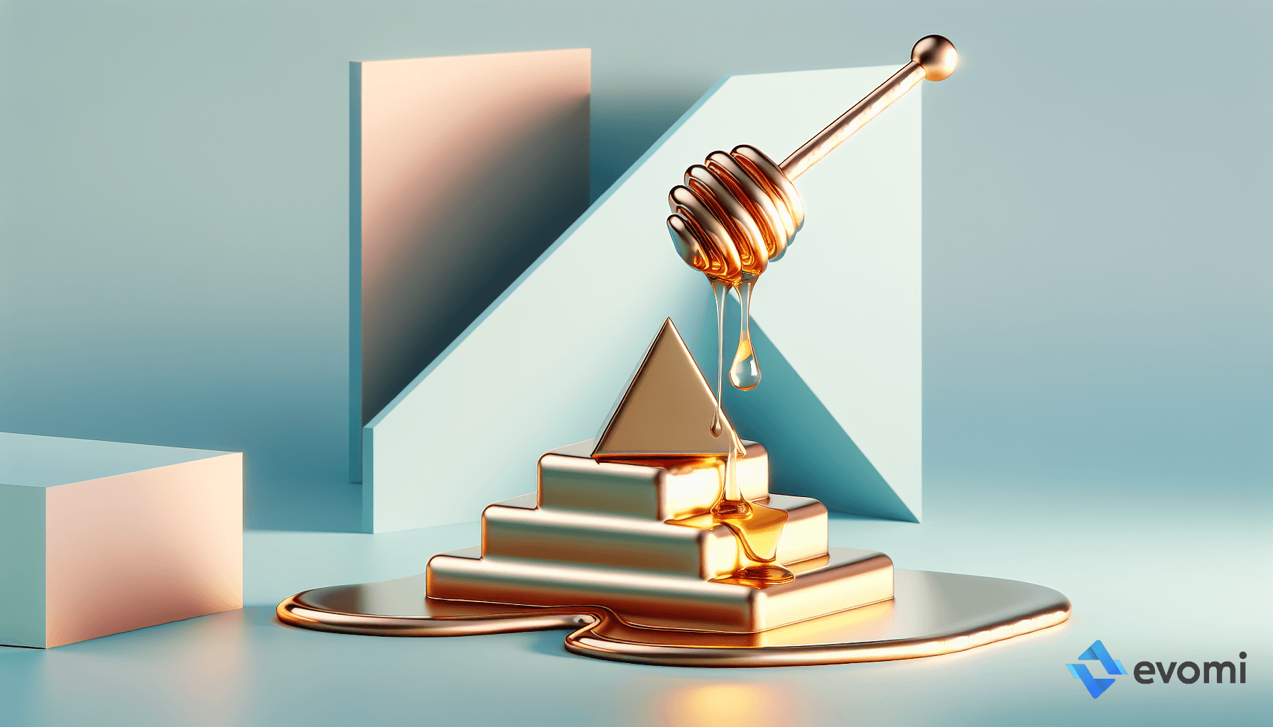 golden honey dipper dripping honey over a geometric arrangement of gold and blue shapes.