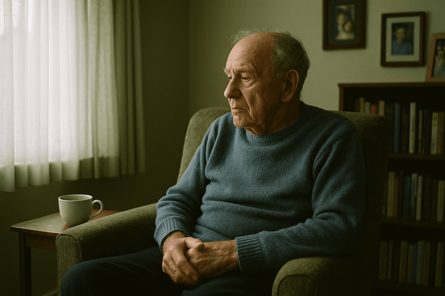 An elderly man sits alone by a living room window, looking out thoughtfully in soft morning light.