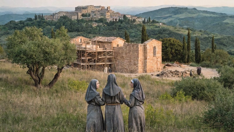 Sacred artwork by Faith and Verse. © Faith and Verse, 2025. All rights reserved. Monastery of the Holy Cross construction site, Montefalco, early 14th century, Umbria, Italy.