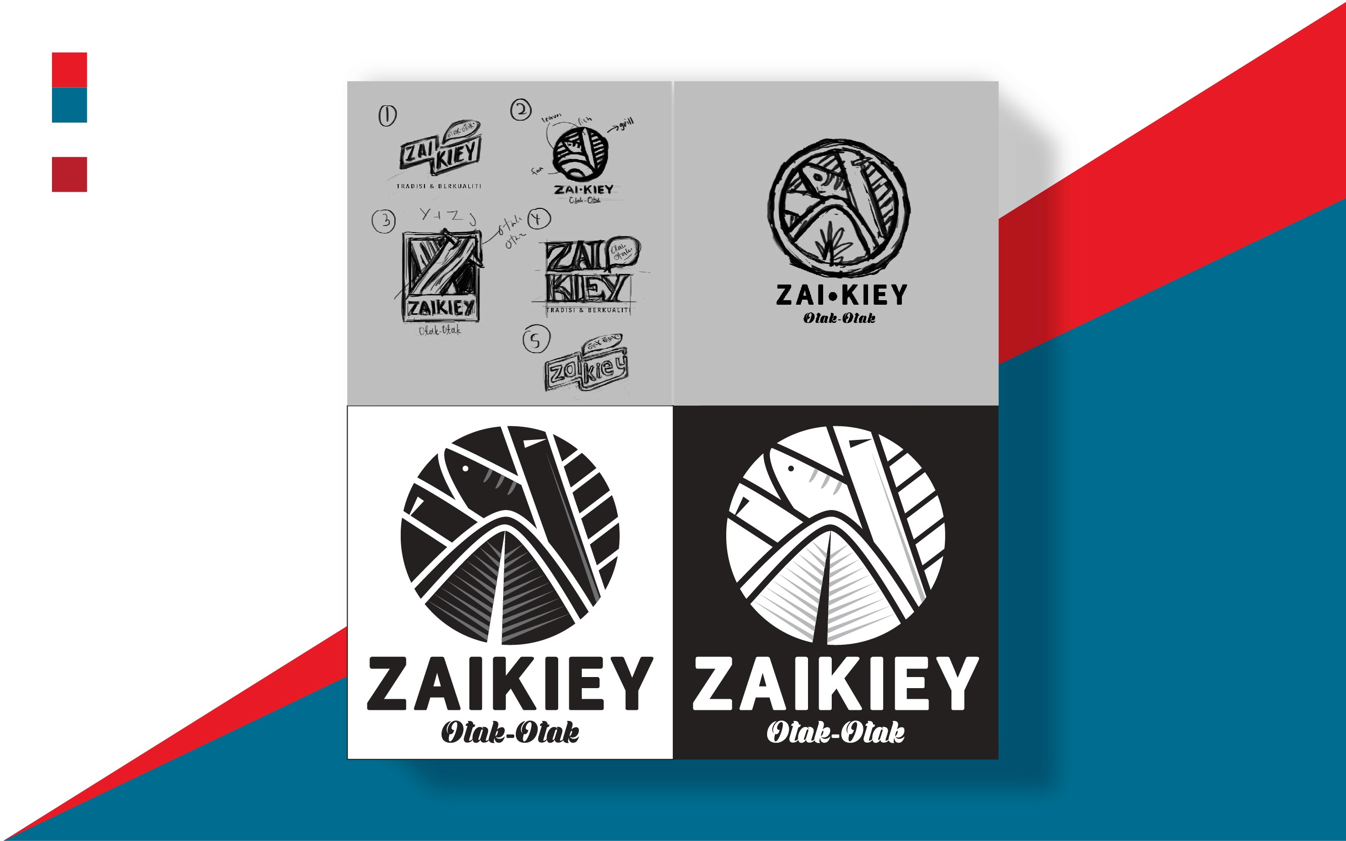 logo ideation sketches and final logo in black and white