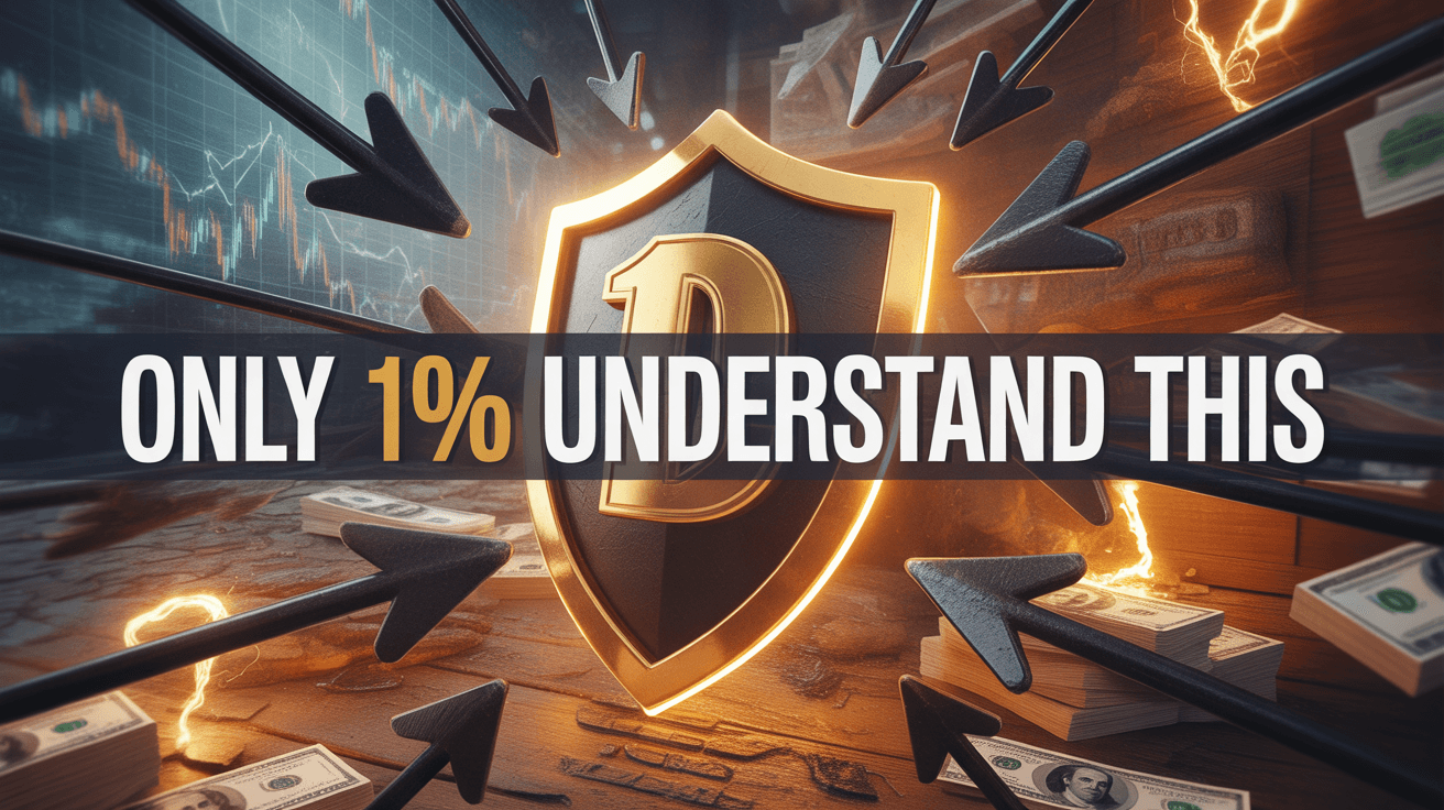 Golden shield deflecting arrows over collapsing charts and burning dollars with Only 1% Understand This text