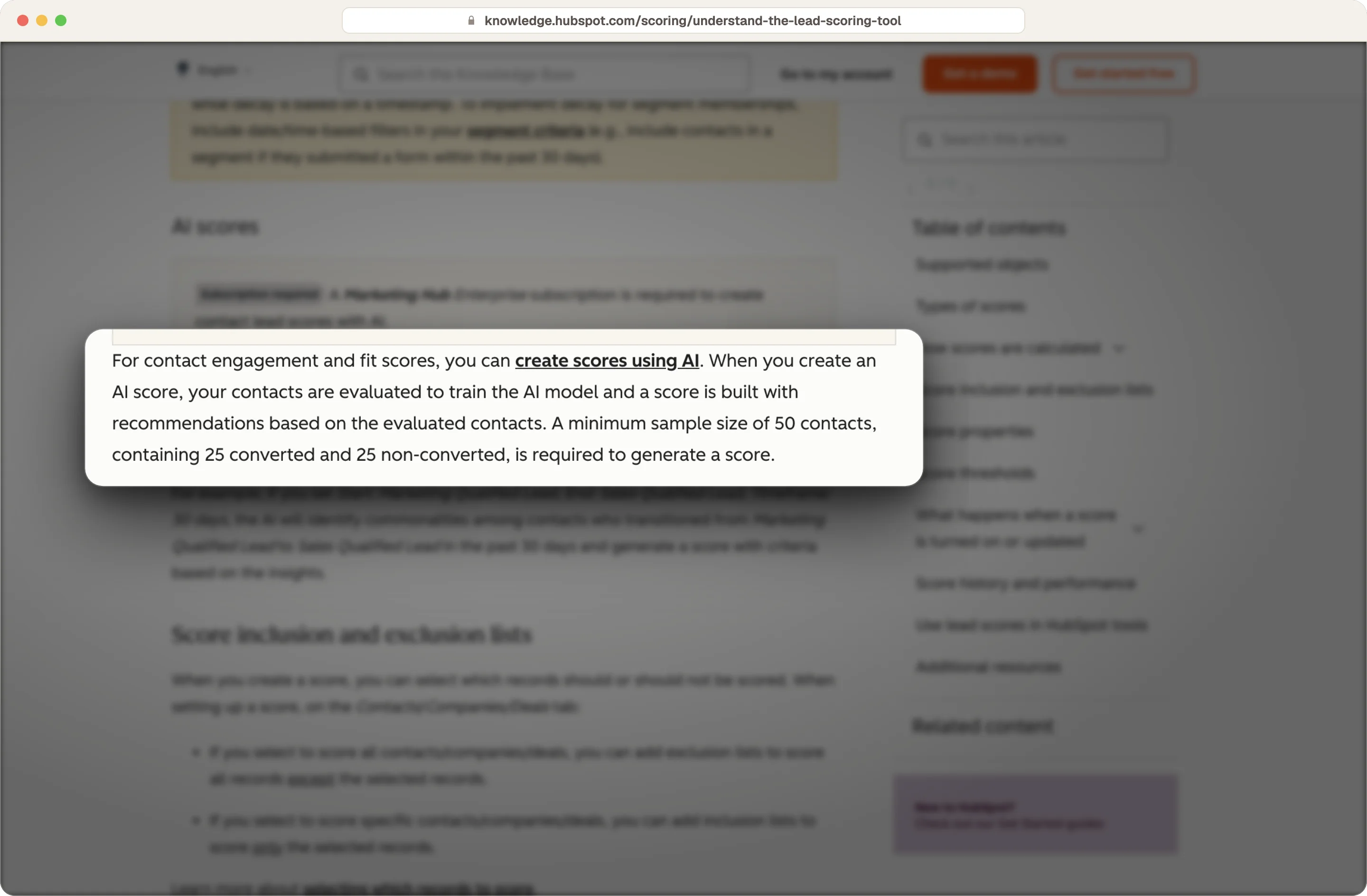 HubSpot knowledge base stating AI scores need at least 50 contacts, 25 converted and 25 not converted