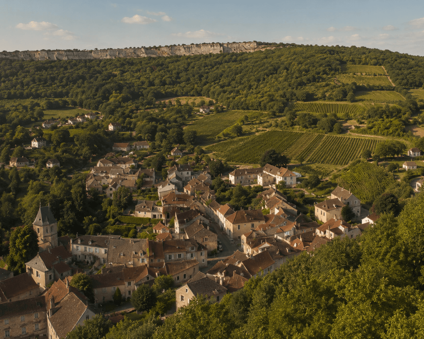 An elevated, wide-angle shot of a picturesque historic European village nestled in a lush green valley. The village features stone houses with classic terracotta-tiled roofs, densely clustered around narrow streets with a prominent stone church tower on the left. Rising behind the town are sprawling, terraced green vineyards stretching up the hillside towards a dense forest, topped by a long, rugged limestone cliff line under a pale blue sky.