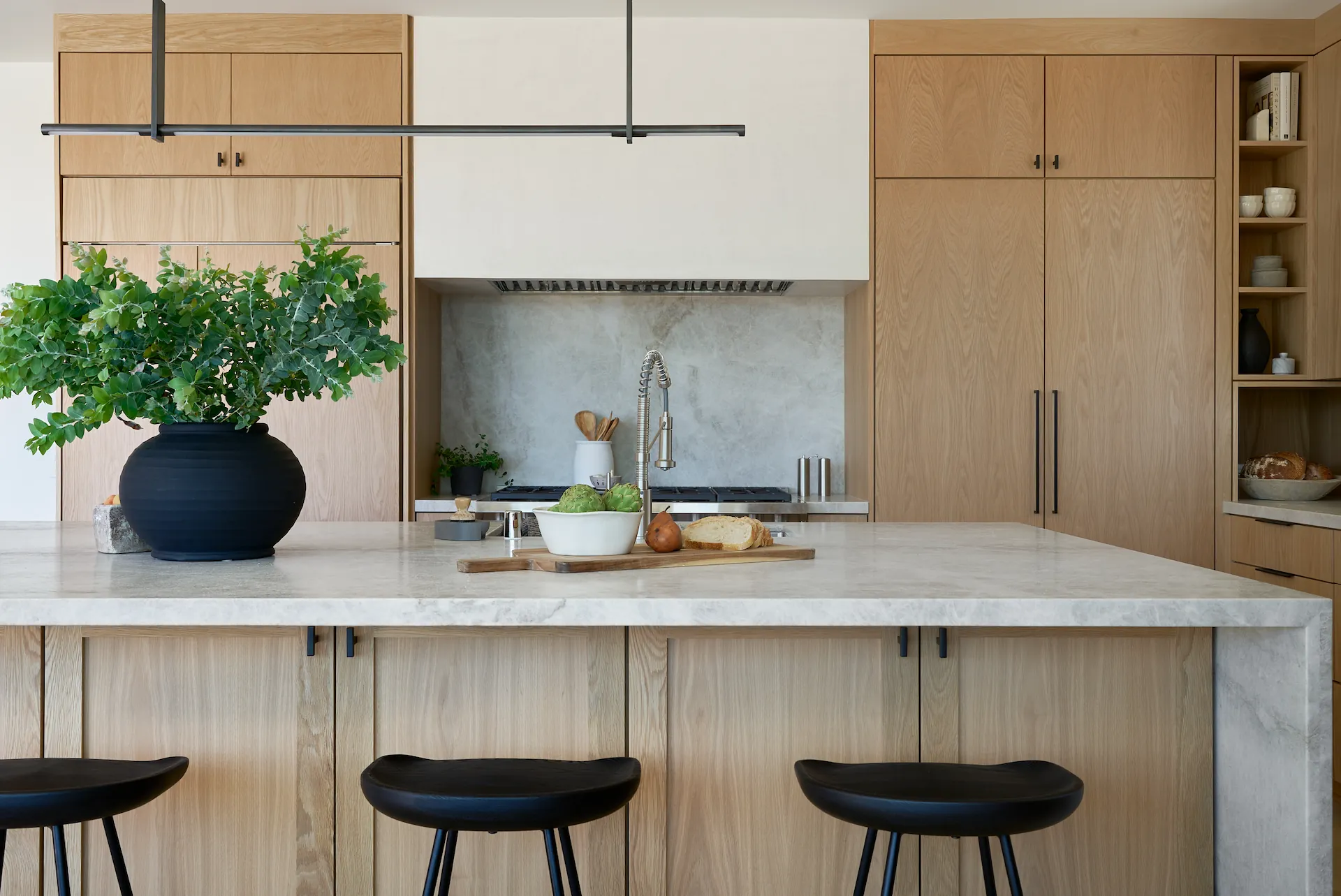 Close-up view of the kitchen island detailing in the Fullerton remodel. Photo by Todd Huge.