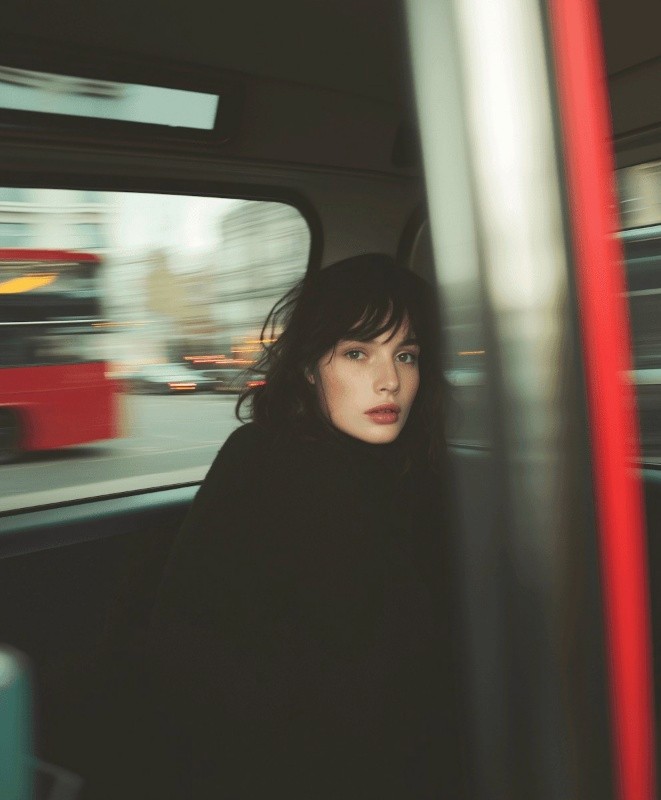 Cinematic portrait of a woman in a black turtleneck sitting in a vehicle, with blurred city traffic and red buses visible through the window.